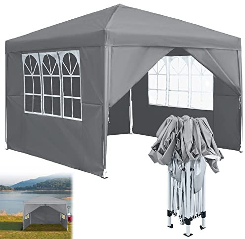 LARS360 Tonnelle pliable 3 x 3 m avec 4 panneaux latéraux, imperméable, protection UV 50+, tonnelle pliable, tente de jardin, tente de fête, auvent, gris