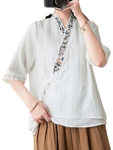 The Princess Bride Hanfu - Blusa casual de lino, manga 3/4, cuello en V, ropa tradicional china con botones de rana china, para verano, A11- Parent, blanco, L