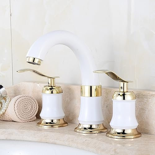 Rubinetto per lavabo da bagno a 3 fori con doppia maniglia per acqua calda e fredda, bianco e oro (bianco)