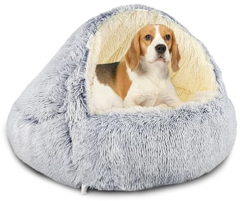 SUOXU Hooded with Supports Dog Bed,Deluxe Plush Dog Cave Bed for Medium Small Dogs Cats Under 22 lbs/10kg, Warming Cozy Soft Faux Fur Donut Pet Bed,Removable Washable Cover and Anti Slip Bottom