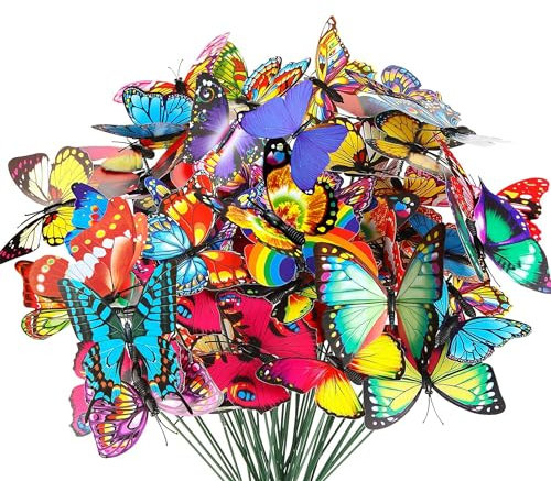 Allazone Lot de 60 piquets de décoration en forme de papillon, piquets papillon de 7 cm, 6 couleurs, intérieur et extérieur, cour, patio, pot de fleurs, pot de fleurs