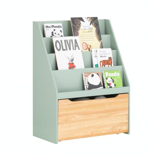 SoBuy Étagère à Livres pour Enfant, Bibliothèque à roulettes pour Chambre d'enfant, Meuble Rangement Enfant pour Jouets et Livres, 4 Compartiments et 1 Tiroir à roulettes, 62 x 30 x 80 cm KMB95-GR