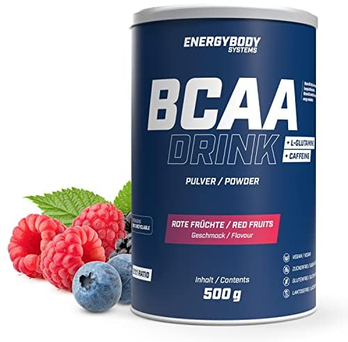 Energybody BCAA Pulver Rote Früchte 500g / bcaa Drink als Aminosäuren Pulver/BCAA-Powder plus L-Glutamin/BCAAs, Glutamin / 41 Portionen