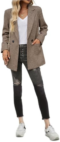 Mrjitor Femme Veste de Costume Oversize à Double Boutonnage Pied-de-Poule Casual Boyfriend Style Work Office Blazer