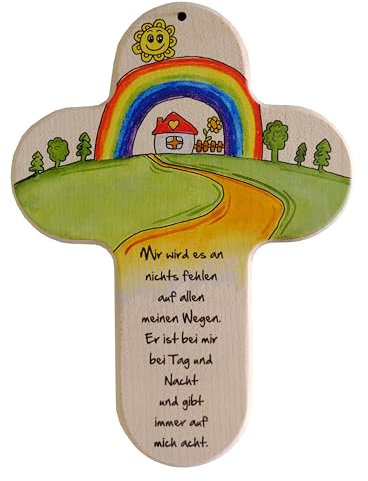 Kaltner Präsente Geschenkidee - 20 cm Kinderkreuz Kreuz für das Kinderzimmer Echtholz Natur Buche mit Buntdruck Geschenk Taufe Geburt