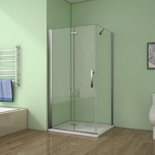 AICA cabine de douche pivotante et pliante 70x80x185cm en 6mm verre anticalcaire, porte de douche 70cm + paroi latérale avec barre fixée d'angle