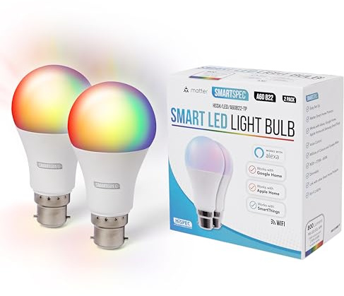 SMARTSPEC Smart Bulb 2 Pack, Smart WiFi LED Light. Works with Amazon Alexa, Google Home, Apple Home. Colour Changeable. Multicolour Smart Light Bulb NUUK-A60 ACK Matter B22