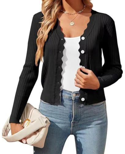 OLIPHEE Cardigan Donna Corto con Bottoni Scollo a V Elegante Maglione Donna Autunno Invernale in Tinta Unita con Bordo Ondulato Casual Giacca in Maglia Pullover Y2K Anero XXL