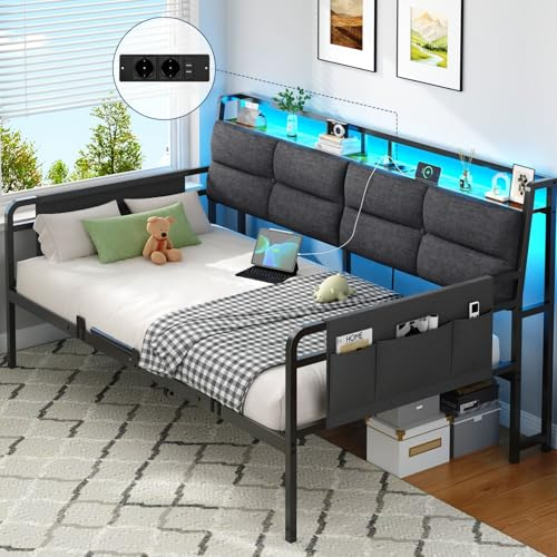 Brinlawb Canapé Lit 90x200 avec Éclairage LED Réglable et Multiprise 4-en-1, Lit 90x200 avec Sommier et Rangement, Banquette lit avec Dossier Capitonné en Gris, Facile à Assembler, sans Matelas