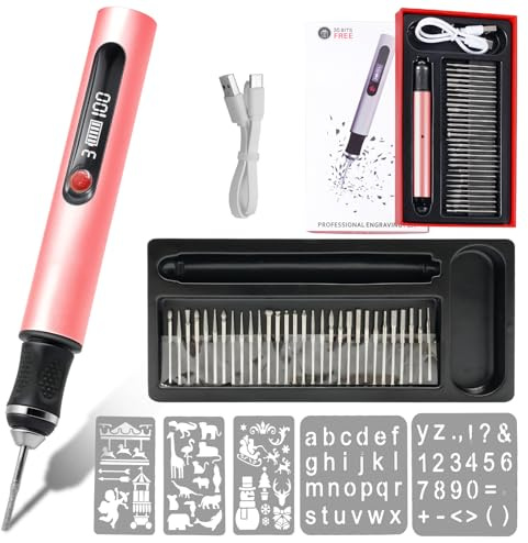 Pino de Grabado Eléctrico con 30 Bits Mini Bolígrafo Grabador, Herramienta de Grabado Portátil USB Carga Regulador de 3 Velocidades Hasta 25.000 U/min para Bricolaje Madera Vidrio Plástico, Rosa
