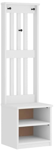 Foknhdi SANDNES Porte-manteau blanc 45 x 40 x 159,5 cm Portemanteau de couloir en pin massif Combinaison de garde-robe compacte avec 3 crochets et étagère à chaussures Meuble de couloir stable pour