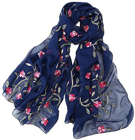 Pluto & Fox Foulard Donna Ricamato Con Fiori Sciarpa Di Seta Elegante Design Retrò Sciarpa Collo Stola (Blu)