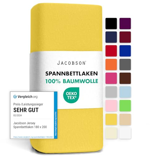Jacobson Jersey Spannbettlaken Spannbetttuch Baumwolle Bettlaken (90x200-100x200 cm, Gelb)