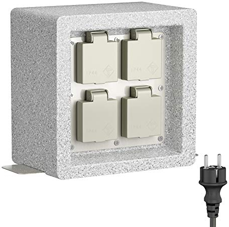 ledscom.de Garten Steckdosensäule Pock für außen, IP44, 1m, Schukostecker Typ F, 4-Fach, grau (Stein-Optik), eckig, 20 cm
