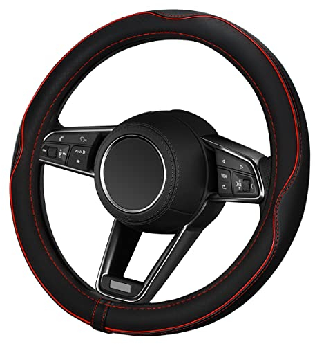 ELZO Lenkradbezug, Lenkradbezug Leder, 37-38cm / 15'' Lenkradhülle, Anti Rutsch & Heavy Duty Lenkradschutz Auto, Universal, Schwarz & Rot