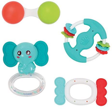 LUDI - Lot de 4 Hochets pour Bébé - Jouets d’Éveil Sensoriel et Anneau de Dentition - Légers, Colorés et Faciles à Saisir - Développent la Motricité, la Vue et l’Ouïe - Maracas - Dès 3 mois