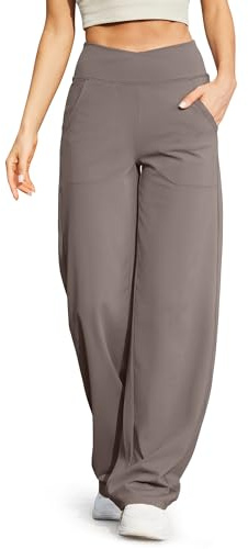 G4Free Yoga Pants for Women Wide Leg Joggers Trousers Crossover High Waist Loose Stretch Work Dress Casual Lounge Pants with Pockets(Taupe,M)