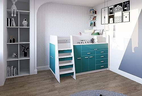 Marlux-Meble Hochbett JSM-1 80x190 TREPPE Links 129 cm Hoch mit Kleiderschrank Schreibtisch Schränke Matt Funktionsbett Etagenbett Stockbett Kinderhochbett Jugendhochbett (Türkis Matt)