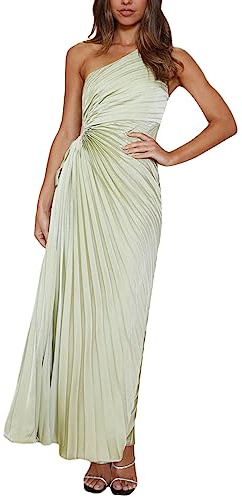 FeMereina Vestido largo sin mangas con un hombro descubierto en la cintura para mujer, estilo bohemio, plisado, largo, de satén, irregular, fluido, verde claro, XL