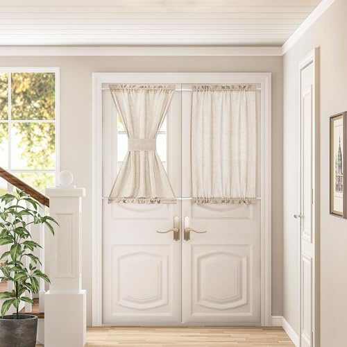 DUKIYO Linen Beige Sheer Curtains for Kitchen Window Bathroom French Door Curtains 2 Panels Dual Rod Pocket Semi Sheer Drapes for Glass Door with Tieback Privacy Light Filtering W25xL40