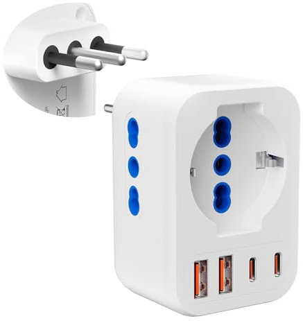 Clomnpe Adattatore Schuko Presa Italiana, Adattatore di Spina da Viaggio Italiano con 2 Prese IT+1 Spina Schuko+4 porte USB, Adattatore Schuko Italiana Spina Europa/Germania, Tipo L per Italia, Cile