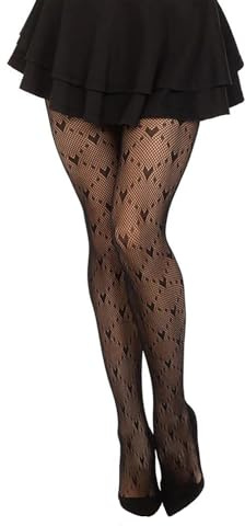Simply Joshimo Women's Patterned Fishnet Fashion Tights - Love Heart Valentine's Pattern - Black
