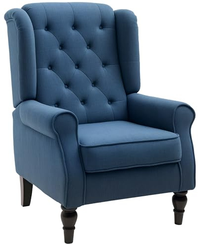 HOMCOM Poltrona Camera da Letto in Stile Francese con Ampia Seduta, Poltroncina Camera da Letto Trapuntato con Braccioli e Imbottitura, con Gambe in Legno per Soggiorno e Ufficio, Blu