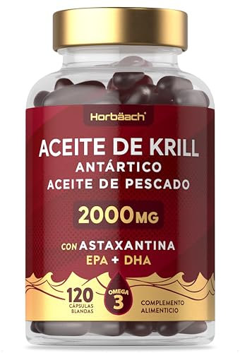 Aceite de Krill Omega 3 Antártico 2000mg | Omega 3 con Astaxantina y Fosfolípidos | 1000mg por cápsula blanda | Ácidos Grasos EPA y DHA | Fish Oil | 120 Perlas | de Horbaach