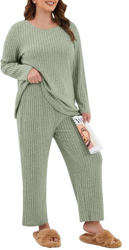 TIANZHU Pijama de talla grande para mujer, conjunto de ropa de dormir acanalada de manga larga y pantalones de pierna ancha con bolsillos XL-4XL, Ejercito Verde, 4XL