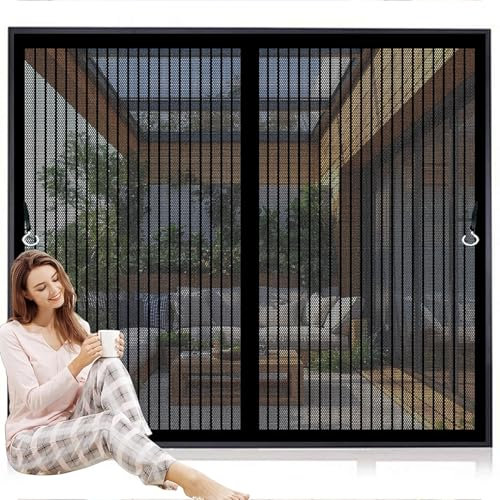 Moustiquaire Fenetre Coulissante 137x118cm(W x H) Anti-Moustiques, Fermeture Automatique, Sans Perçage, Maille Fine, Rideau de Anti-Insectes pour Portes, Différentes Tailles, Noir