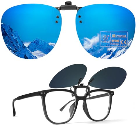TEMSO Lunettes de soleil à clipser pour homme et femme, lunettes de soleil polarisées classiques à clipser pour conduite, vision claire, anti-reflet, Miroir bleu Cat.3, XL 60*53MM