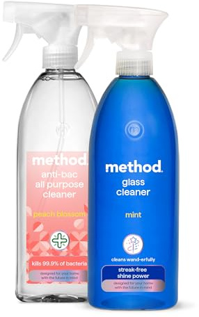 Method Cleaning Bundle: Glass Cleaner Spray, Window And Stainless Steel Glass Spray, Mint Scent Fragrance 1 x 828 ml & Method Antibacterial, All Purpose Cleaner, Peach Blossom, 1 x 828 ml