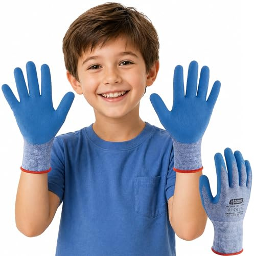 EXBRIECO Pack 3 Guantes de Trabajo Para Niños, Antideslizantes, Transpirables, Poliéster con Látex Natural, Agarre Seguro, Protección Manos, Jardín, Playa, Bricolaje, Color Azul, Talla 3, 4XS