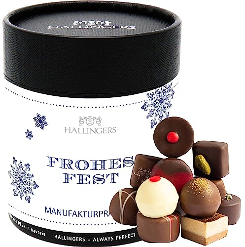 Hallingers Frohes Weihnachtsfest XXL - Manufaktur Pralinen Geschenk handmade ohne Alkohol aus Edelkakao Schokolade (Dose) - Geschenk im Sommer & als perfektes Grillgeschenk | Glückwunsch Danke Neues Z