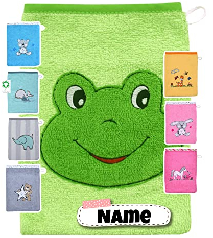 Baby Waschhandschuh personalisiert | 15x20 cm | Waschlappen Kinder mit Namen bestickt | 100% Baumwolle | Frottee | Baby Geschenke (Frosch limone)