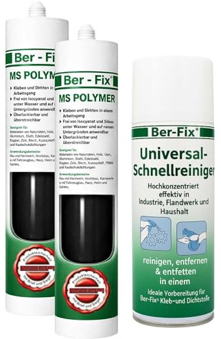 Ber-Fix MS Polymer Schwarz 2x 440g + 400ml Schnellreiniger – Wasserfester Kleber für Teich, Boot & Karosserie – Sicher für Fische & Amphibien