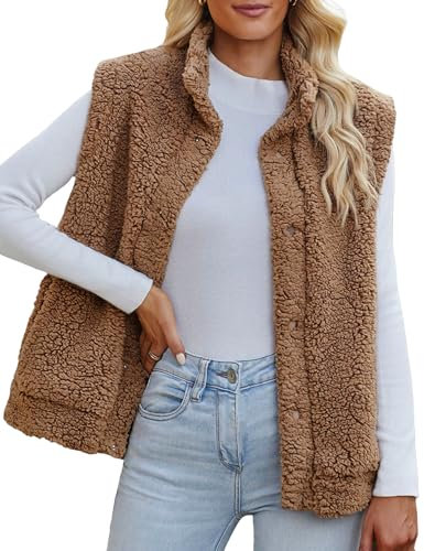Maeau Fleeceweste Damen Plüsch Weste Teddy Warm Übergangsweste Damen Sherpa Herbstweste Flauschig Braun Thermo Weste Stehkragen Taschen Damenweste Ärmellose Fleecejacke Winter Kuschelweste S
