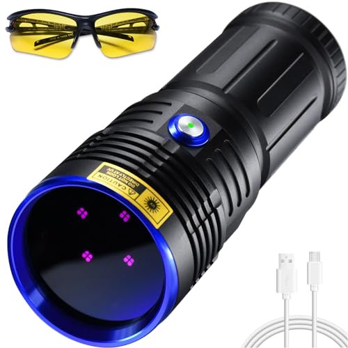 DARKBEAM Linterna Luz Negra UV 365nm Ultravioleta Lamparas 4 LEDs, USB-C Recargable Potente 50W Blacklight Portátil - Detector para Orina de Mascotas, detección de fugas, Epoxy Resina, Mineral