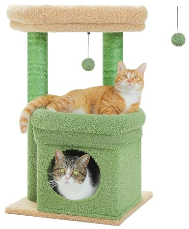 PAWZ Road Kleiner Katzenbaum, mehrstöckiger Katzenturm mit Sisal-überzogenem Kratzbaum, gemütlicher Katzenwohnung und großer Katzensitzstange für Hauskatzen, Grün