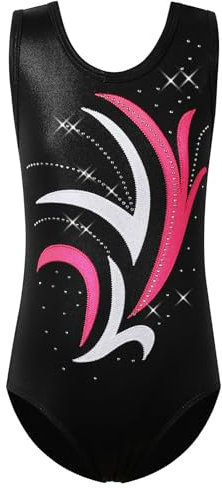 HUAANIUE Mädchen Turnanzug 3-14 Jahre, klassische Gymnastikanzüge ohne Ärmel & 3/4-Ärmel, Strasssteine, Farbverläufe, elastisch & bequem, ideal für Tanz & Ballett (Leuchtend Rosa Schwarz, 11-12 Jahre)