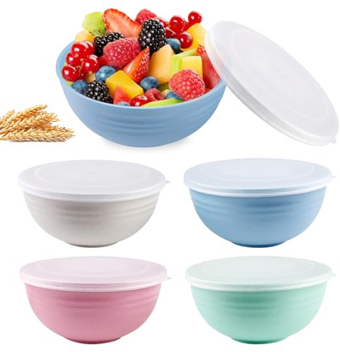 Vegena Müslischalen mit Deckel: 4er Set, 25 OZ, Leichtes und Bruchsicheres Geschirr, für Camping und Picknick (15,7 cm, Mehrfarbig)