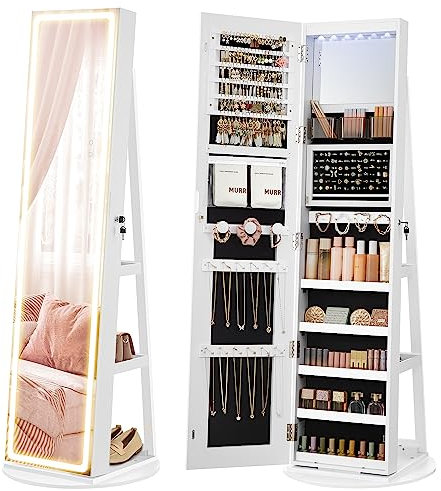 SONGMICS Schmuckschrank mit LED-Beleuchtung und Spiegel, Spiegelschrank, abschließbar, Spiegel mit Rahmen, einstellbare Helligkeit, platzsparend, Geschenkidee, wolkenweiß JJC008W03