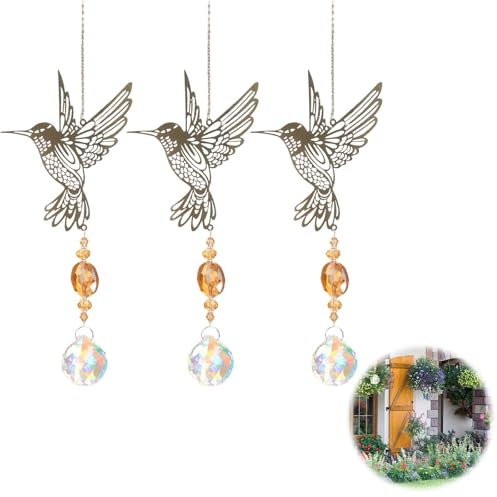Lot de 3 carillons en cristal attrape-soleil en cristal arc-en-ciel - Pendentif colibri - Décoration de fenêtre à suspendre - Pour la maison, le bureau, le jardin, l'extérieur