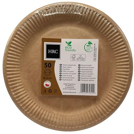 HRC Eco Einweg-Pappteller, 50 Stück, für Grillabende, Wanderungen, Taufen, Partys, Geburtstage, Kompostierbar, Umweltfreundliche Materialien, Pappteller rund 23 cm Braun