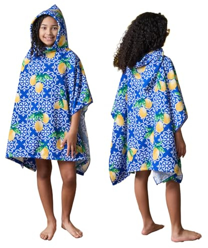 Dreamscene Poncho Towel for Kids, Soft Absorbent Beach Changing Robe For Boys & Girls Stylish Lemon Print Hooded Towel Quick Dry Lightweight Swimming Towel, Blue