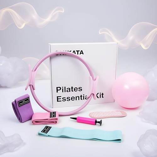 SHIKATA Home Pilates Kit for Women, 6 Piece with Pilates Ring, Small Yoga Ball, Non Slip Yoga Grip Socks & Fabric Resistance Bands Set with Pump Accessories Included & Workout Manual
