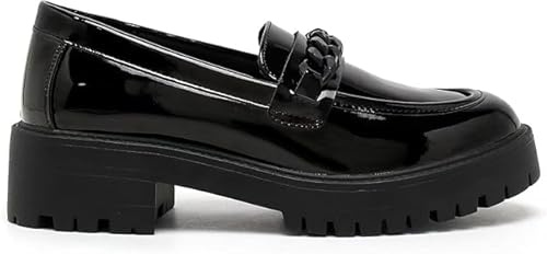Girls' Black Patent School Loafers – Comfy & Anti-Slip on Uniform Dress Shoes with Stylish Chain Detail fit Size 3-8 UK (Black Patent, UK Footwear Size System, Adult, Women, Numeric, Medium, 8)