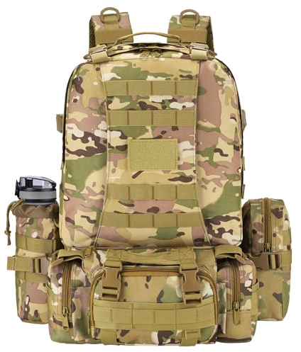 Wiserset Mochila táctica militar de 60 l, mochila de emergencia Molle para hombres, paquete de ataque de 3 días con soporte para botella de (Camo)