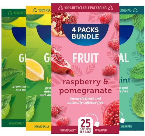 Mixed Fruit Tea Variety, Unique Fruity Flavours Bundle | 100 Individually Wrapped Bags | Herbal Fresh Mint, Fruit Raspberry & Pomegranate, Green Pure & Lemon