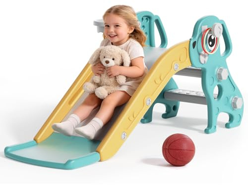 BIERUM 4-in-1 Toddler Slide - Puppy Shaped Kids Slide with Basketball Hoop and Ring Throw, Indoor & Outdoor Play Set for Toddlers 1-3 Years, Green Yellow
